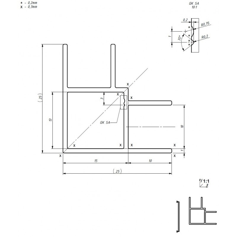 Hliníkový profil AHJ15V2, 15x15x1,5mm, 2 x drážka 10mm rohová, 100cm, stříbrný elox