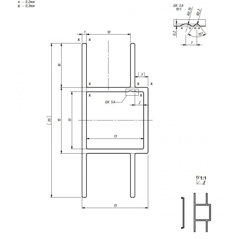 Hliníkový profil AHJ15V2, 15x15x1,5mm, 2 x drážka 10mm rovná, 100cm, stříbrný elox