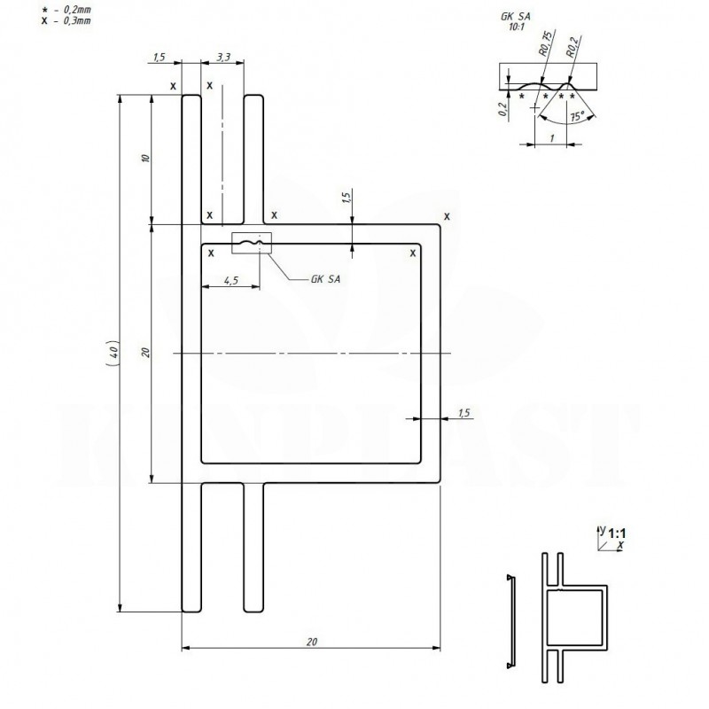 Hliníkový profil AHJ20V2, 20x20x1,5mm, 2 x drážka rovná 3mm, 100cm, stříbrný elox