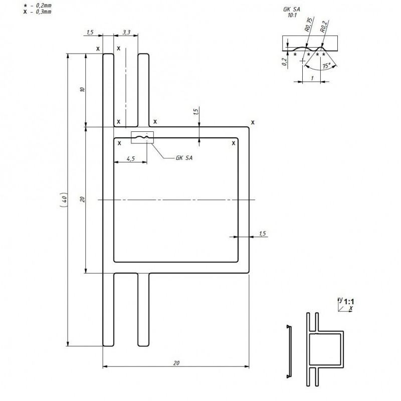 Hliníkový profil AHJ20V2, 20x20x1,5mm, 2 x drážka rovná 3mm, 100cm, stříbrný elox