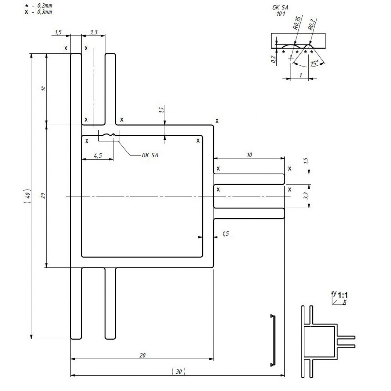 Hliníkový profil AHJ20V3, 20x20x1,5mm, 3 x drážka rovná 3mm, 100cm, stříbrný elox