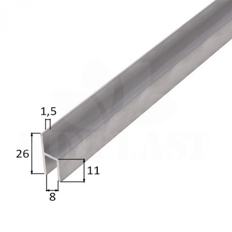 Hliníkový profil H, 26 x 11 x 1,5 x 8 mm, 100 cm, stříbrný