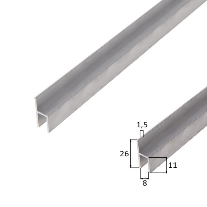 Hliníkový profil H, 26 x 11 x 1,5 x 8 mm, 100 cm, stříbrný elox