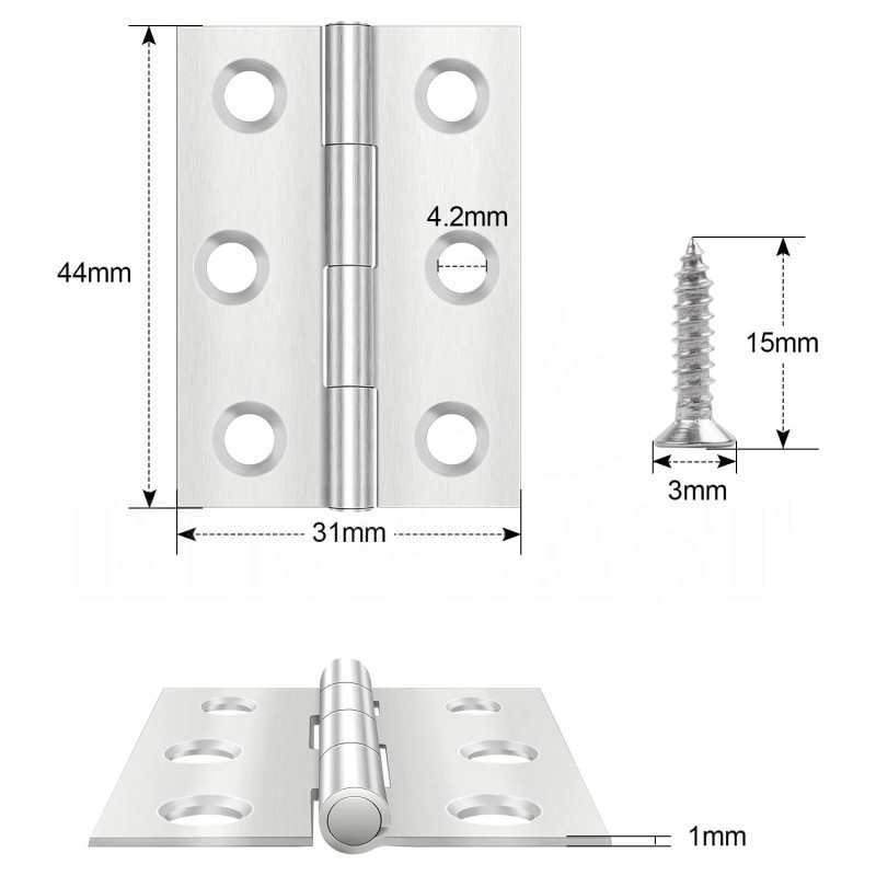 Pant nerezový  44 × 31 mm, ušlechtilá ocel, dveřní závěs pro dveře, okna, 6 kusů šroubů 