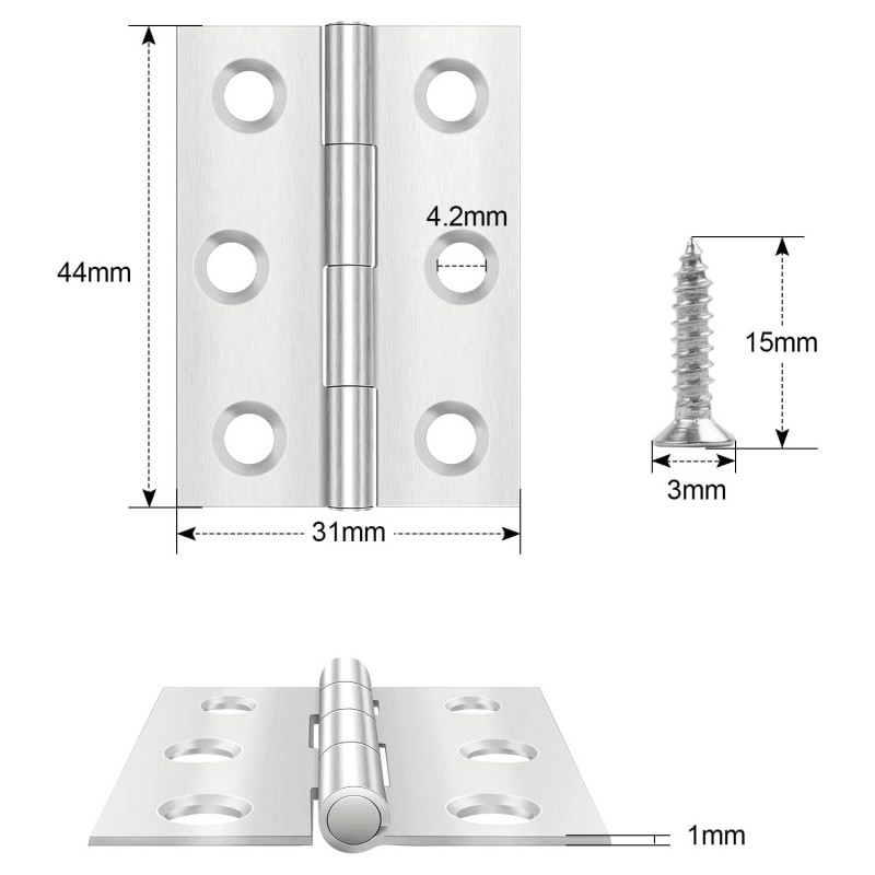 Pant nerezový  44 × 31 mm, ušlechtilá ocel, dveřní závěs pro dveře, okna, 6 kusů šroubů 