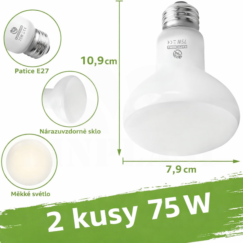 Infražárovka Repti 75 W, čirá tepelná lampa pro ohřev a světlo pro kuřata a křepelky, 2 kusy v balení 