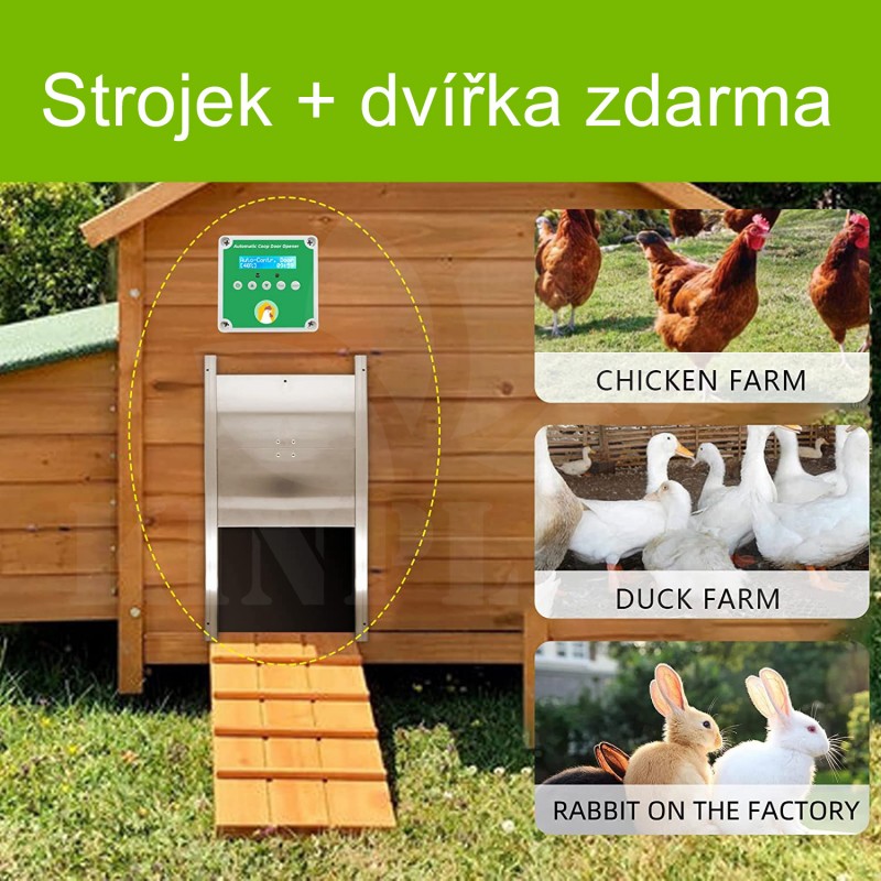 Automatická dvířka kurníku, strojek na 4AA + 230V, dálkové ovládání, kladky + dvířka 25 x 35 cm