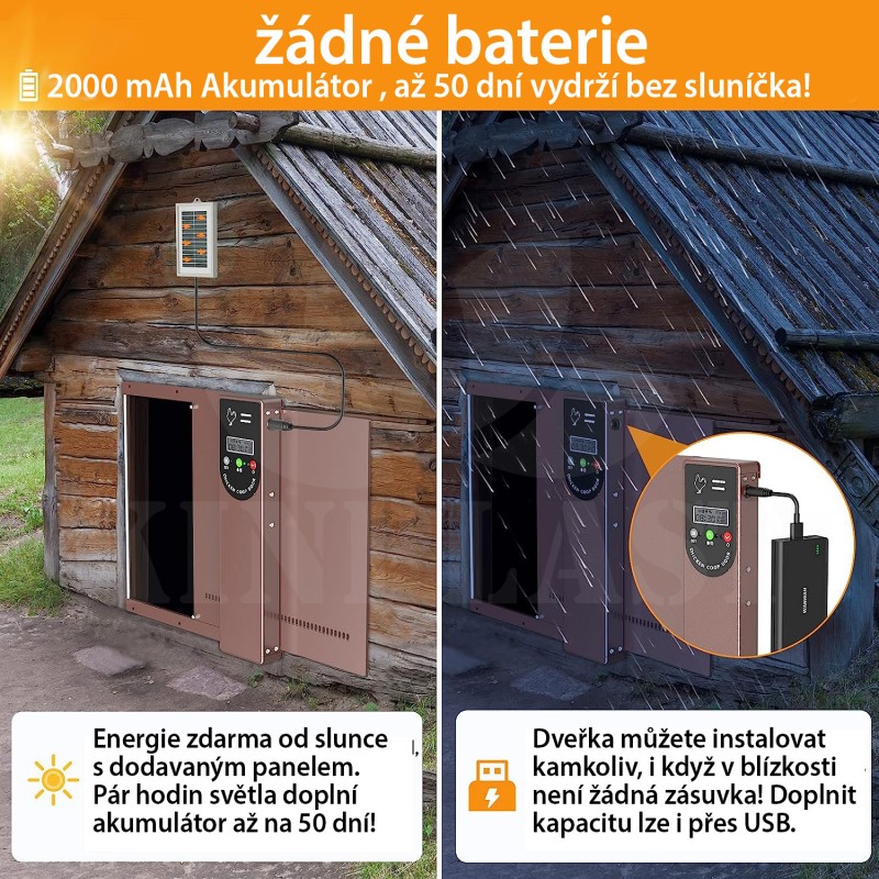 Automatické otevírání a zavírání kurníku Solar ALU, dvířka s časovačem a senzorem + akumulátor