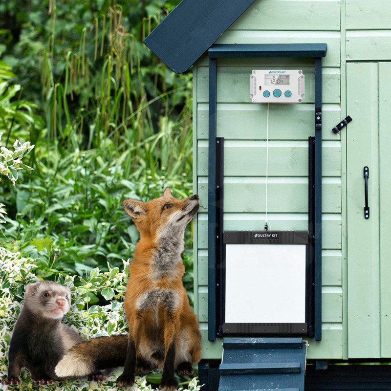 Automatická dvířka kurníku - strojek Poultry kit Premium 230V + 4x baterie AA, otevírání a zavírání vertikálních dvířek