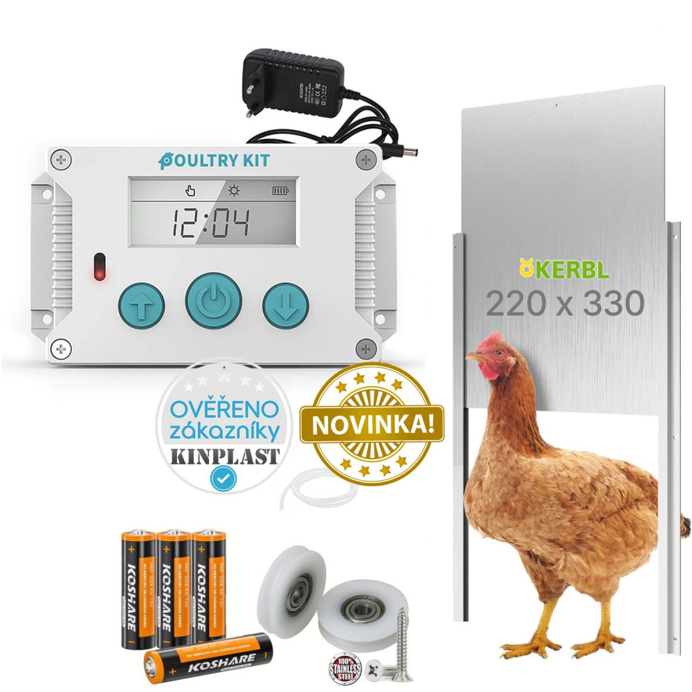 Automatická dvířka kurníku - strojek Poultry kit Premium 230V + 4x baterie AA, sada s dvířky 22 x 33 cm Kerbl