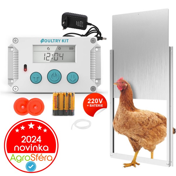 Automatická dvířka kurníku - strojek Poultry kit Premium 230V + 4x baterie AA, sada s dvířky 22 x 33 cm