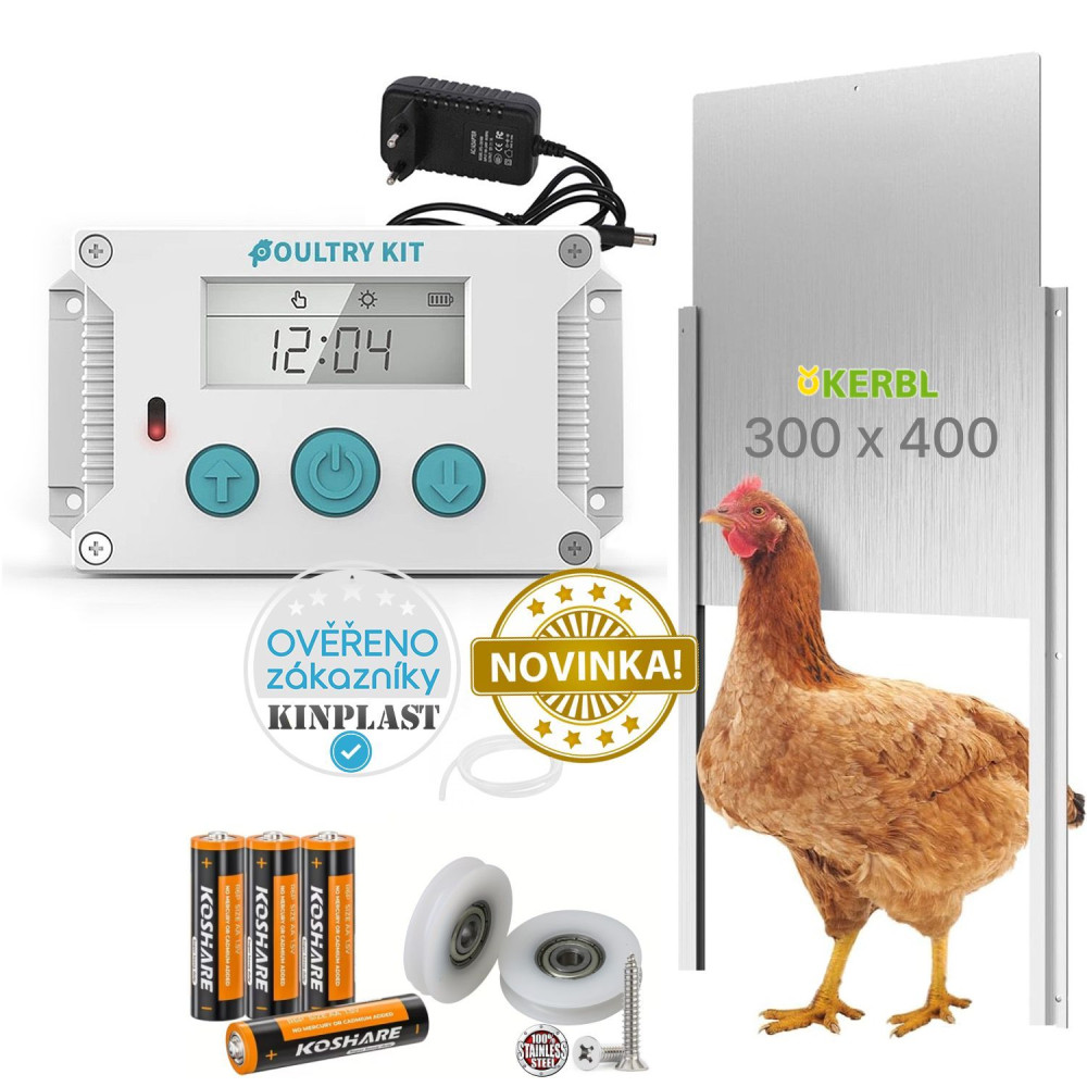 Automatická dvířka kurníku - strojek Poultry kit Premium 230V + 4x baterie AA, sada s dvířky 30 x 40 cm Kerbl