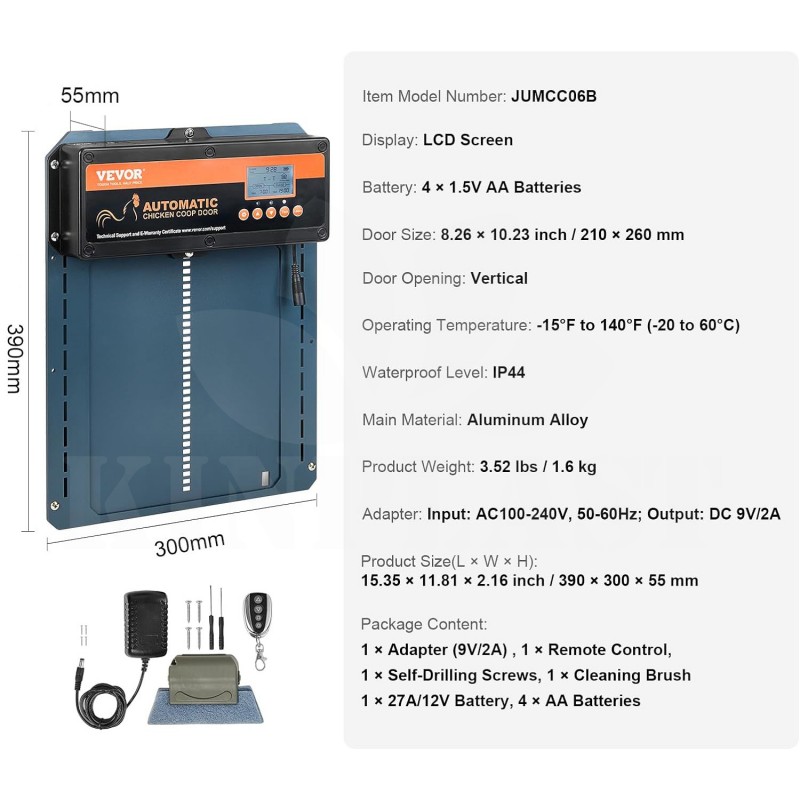 Automatická dvířka kurníku Vevor 30 x 39 cm, ruční ovládání, časovač, světelný senzor, dálkový ovladač