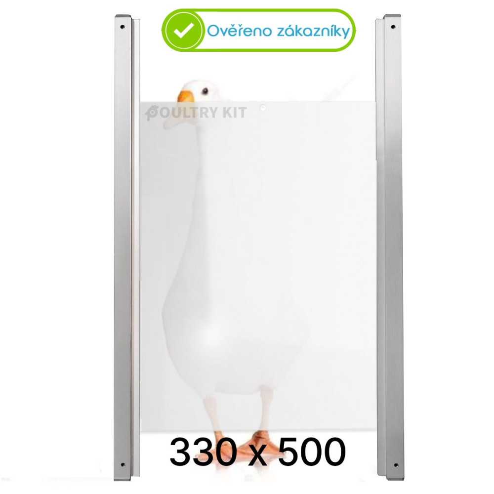 Dvířka pro otevírač kurníku 330 x 500 mm, hliníkové ližiny, deska z průsvitného a netříštivého plexiskla opál 2,5 mm