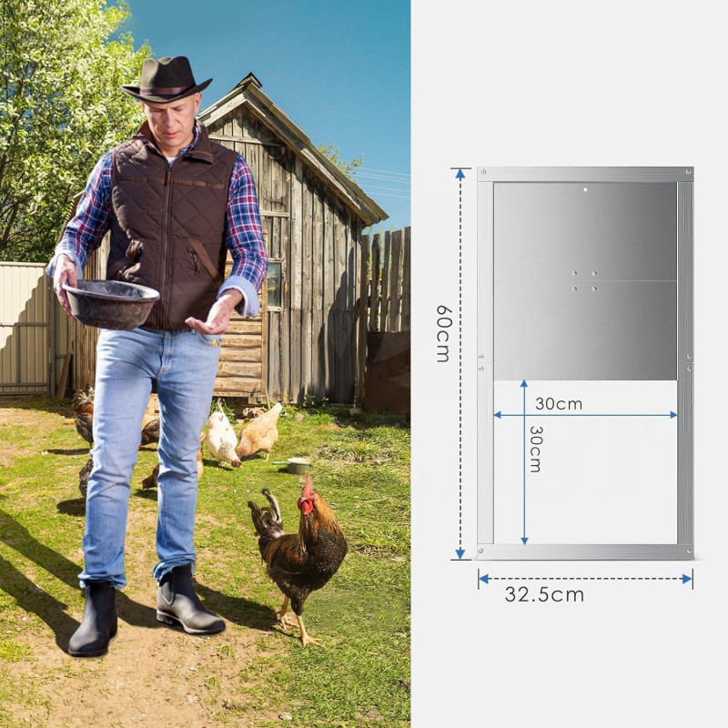 Dvířka pro otevírač kurníku D 300 x 300 mm, dělené hliníkové ližiny, hliníková dělená deska 1,5 mm, montážní materiál