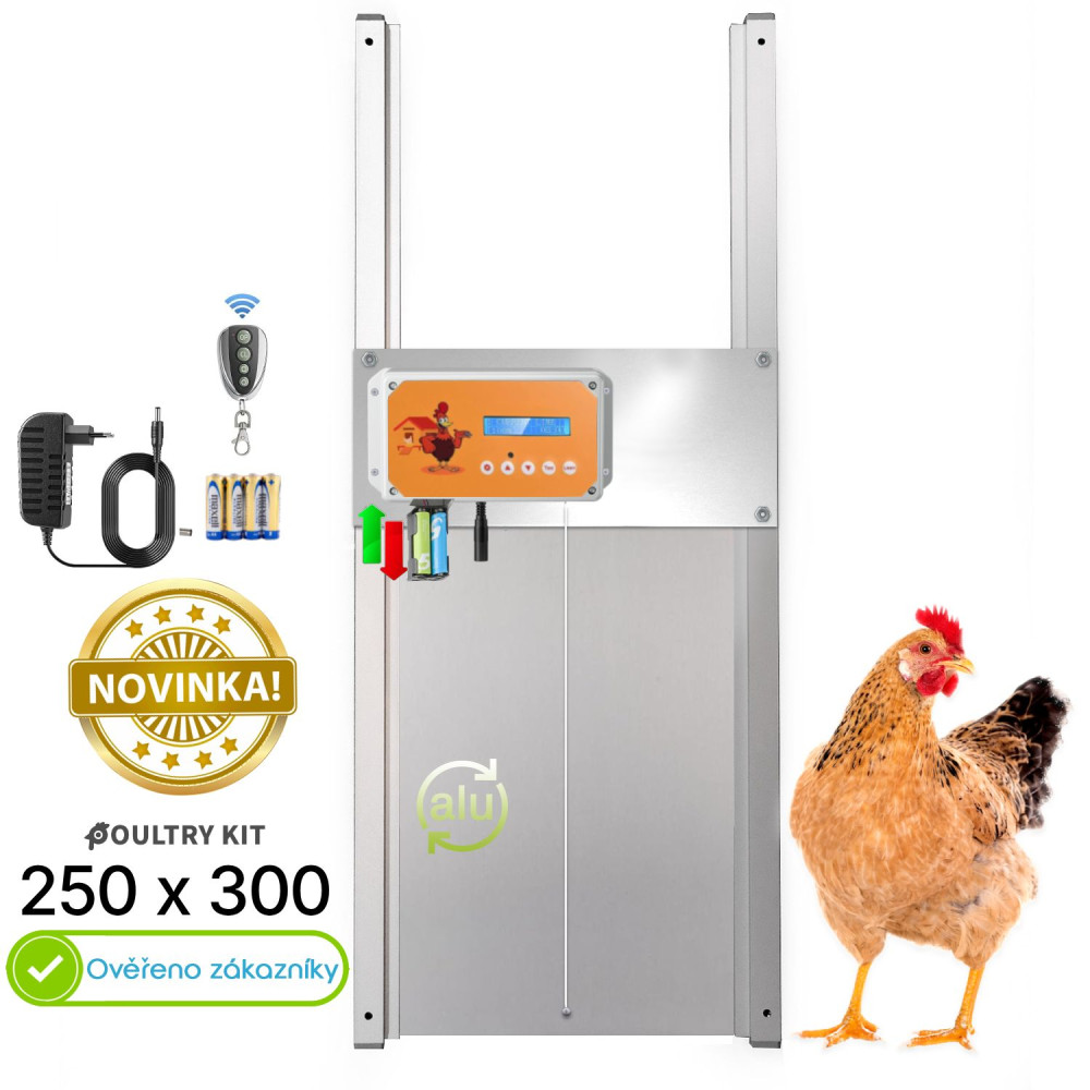 Automatické otevírání a zavírání kurníku Technik Coop Komplet 250x330, 230V + 4x baterie AA, kompletní sada s dvířky
