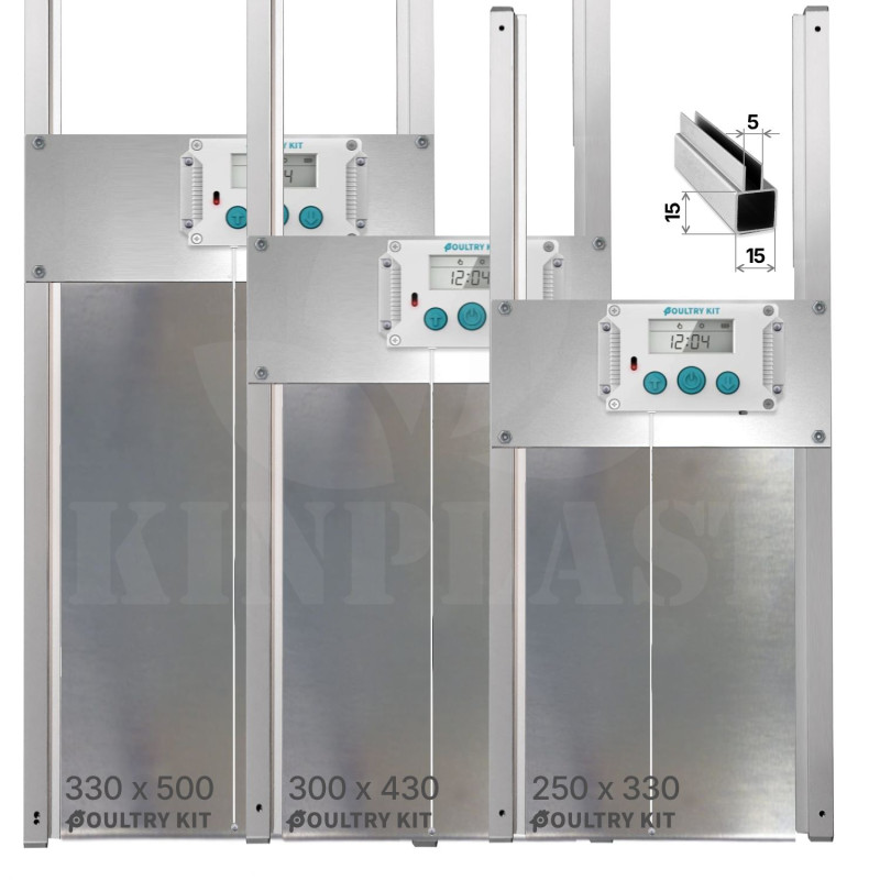 Automatické otevírání a zavírání kurníku Poultry kit Komplet 250x330 S, 230V + Solární panel 2000 mAh, kompletní sada s dvířky