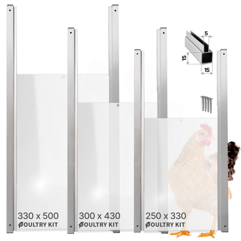 Dvířka pro otevírač kurníku 250 x 330 mm, hliníkové ližiny, deska z průsvitného a netříštivého plexiskla opál 2,5 mm