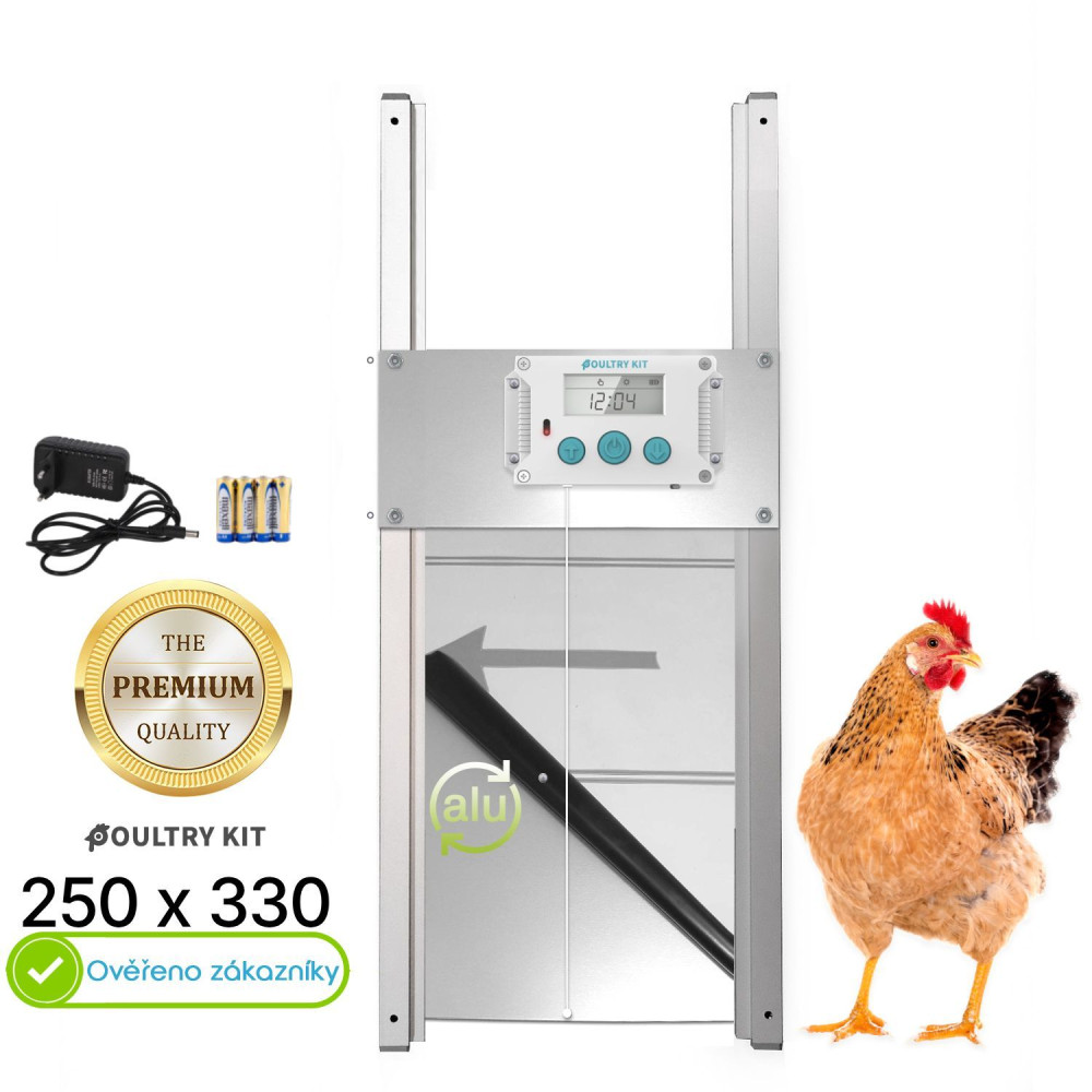 Automatické otevírání a zavírání kurníku Poultry kit Komplet 250x330, 230V + 4x baterie AA, kompletní sada s dvířky
