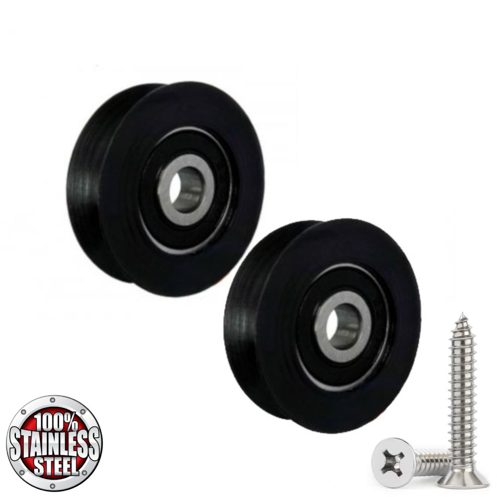 Kladky pro otvírač dveří kurníku s ložiskem 30 mm, černé 2 kusy + nerezové šrouby pro vedení šňůrky pro padací dvířka 