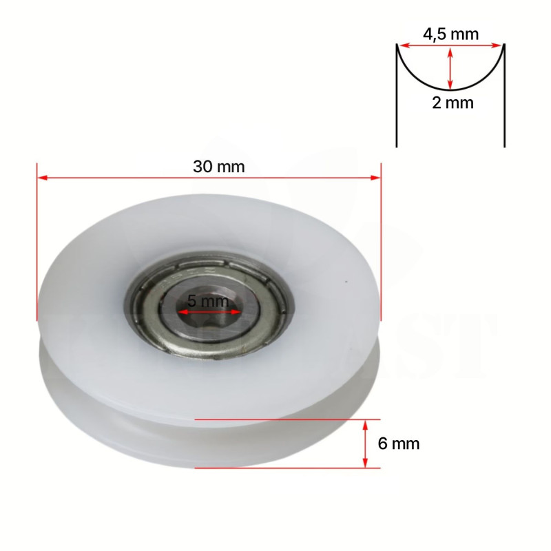 Kladky pro otvírač dveří kurníku s ložiskem 30 mm, 4 kusy  + nerezové šrouby pro vedení šňůrky pro padací dvířka