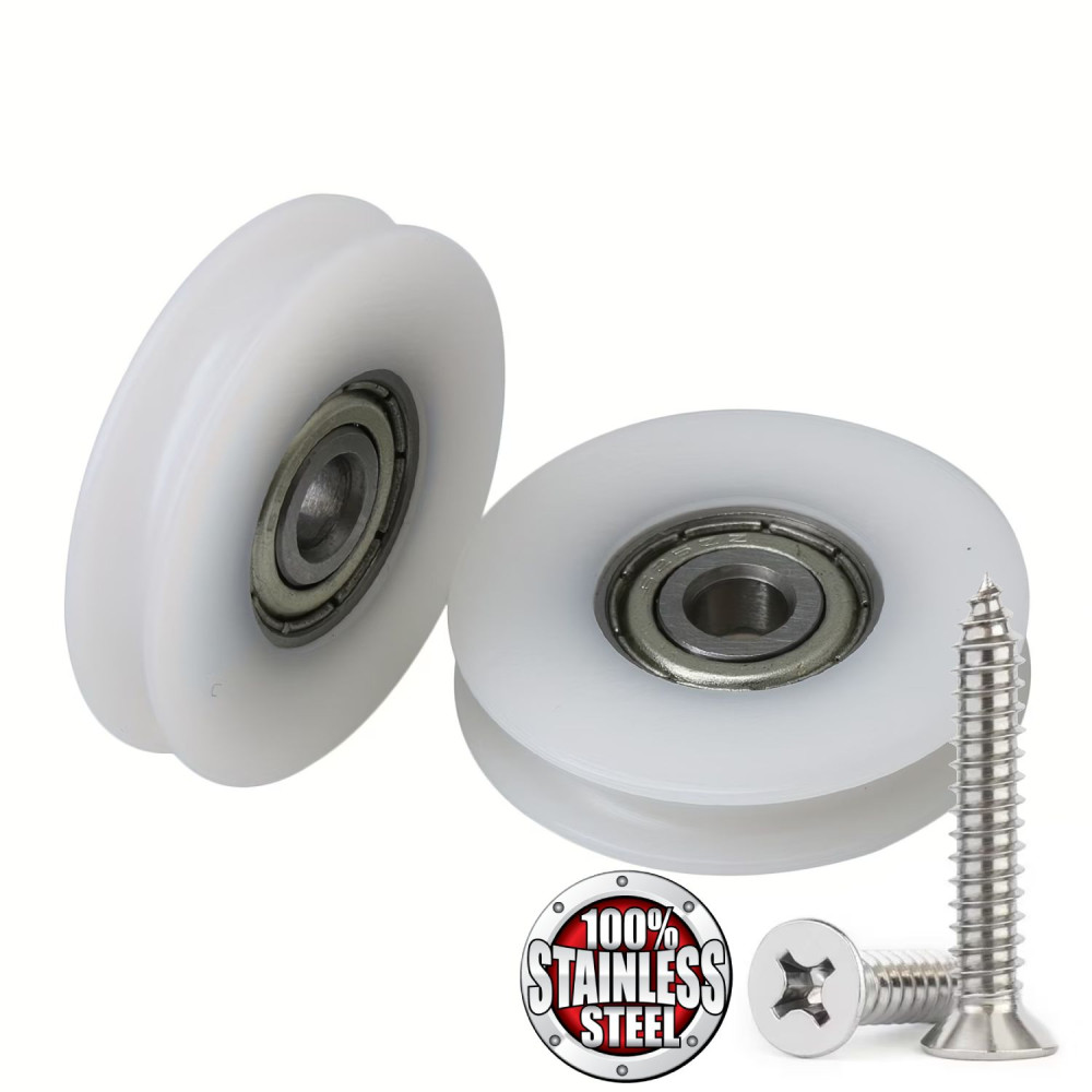 Kladky pro otvírač dveří kurníku s ložiskem 30 mm, 2 kusy  + nerezové šrouby pro vedení šňůrky pro padací dvířka