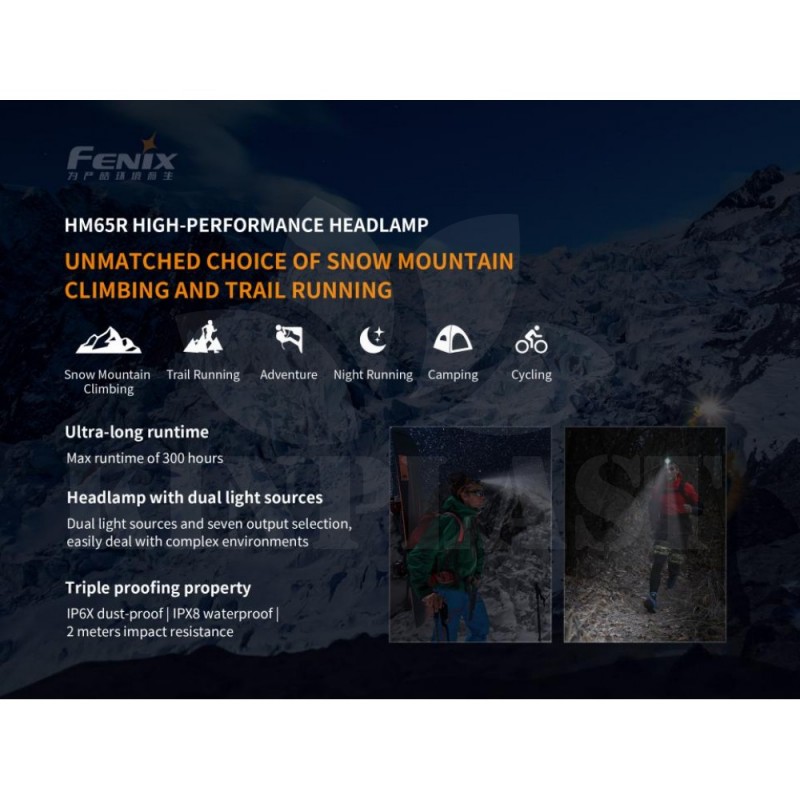 Čelovka Fenix HM65R IP68 1400 lm 300 h 3400 mAh, dálkový a široký reflektor pro zahradní noční život