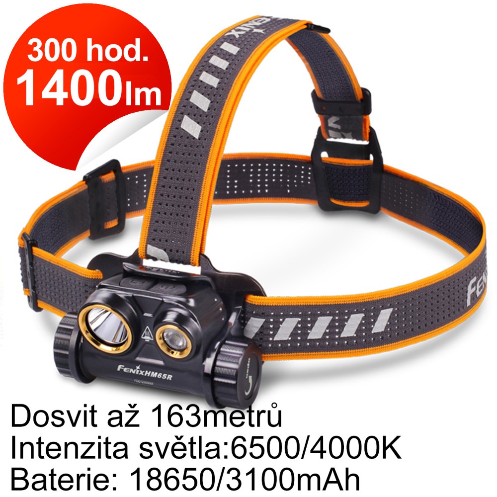 Čelovka Fenix HM65R IP68 1400 lm 300 h 3400 mAh, dálkový a široký reflektor pro zahradní noční život