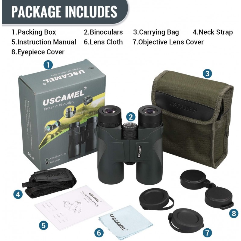 Dalekohled Uscamel 10 x 42, vodotěsné kovové tělo, optika se zeleným filmem, vysoké binokuláry, zelené pouzdro, vítěz testu