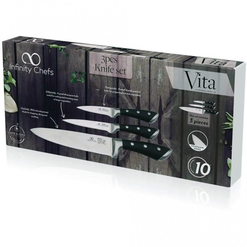 Sada nerezových nožů Vita 3ks, černé ergonomické rukojeti vyrobené z PP plastu