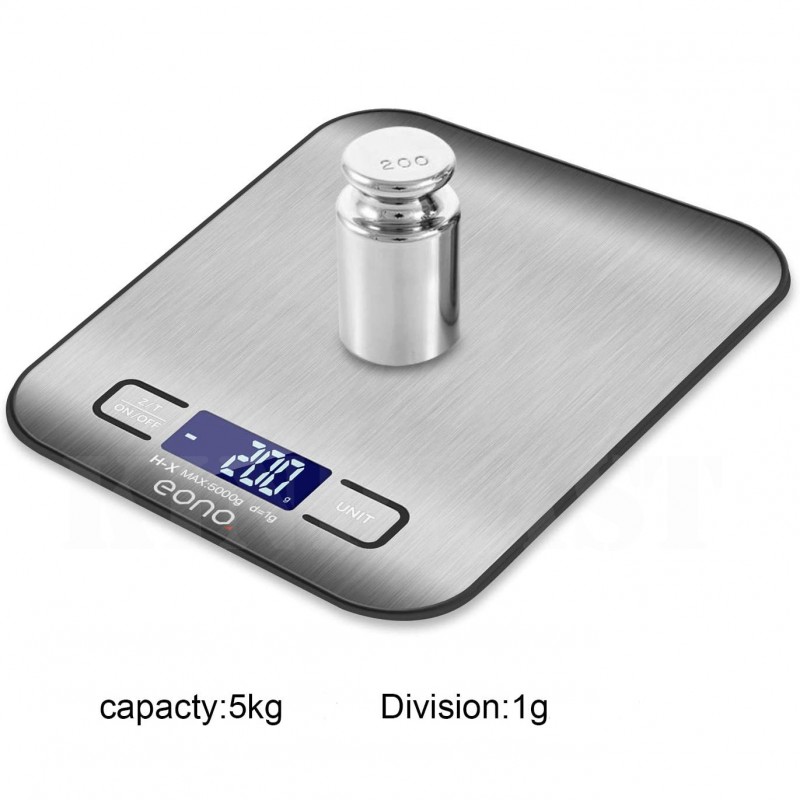 Digitální váha, prémiová nerezová váha na pečení a vaření 5 kg / 1 g, deska z ušlechtilé oceli 