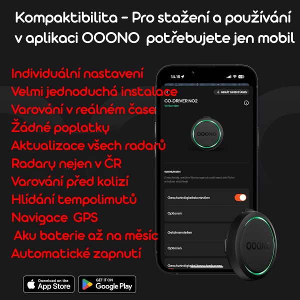 Antiradar OOONO CO-DRIVER NO. 2, nový model 2025 do auta, varuje před kontrolami rychlosti a nebezpečnými místy