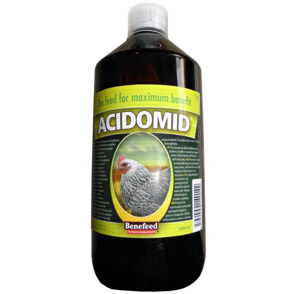Acidomid pro drůbež 1 l, proti množení patogenních bakterií, plísní a kokcidií u slepic, kachen