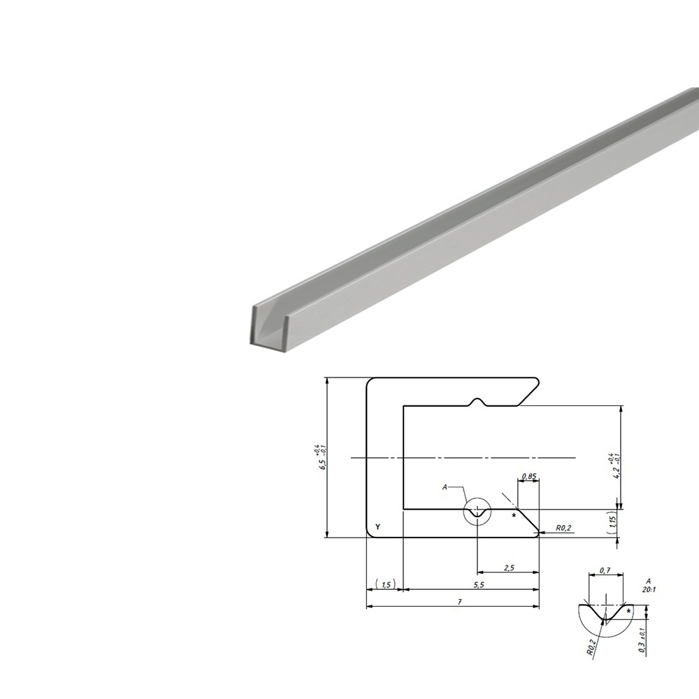 Hliníkový profil U, 7x6,5x1,1mm, 2 x 100cm, stříbrný, drážka 4,2mm