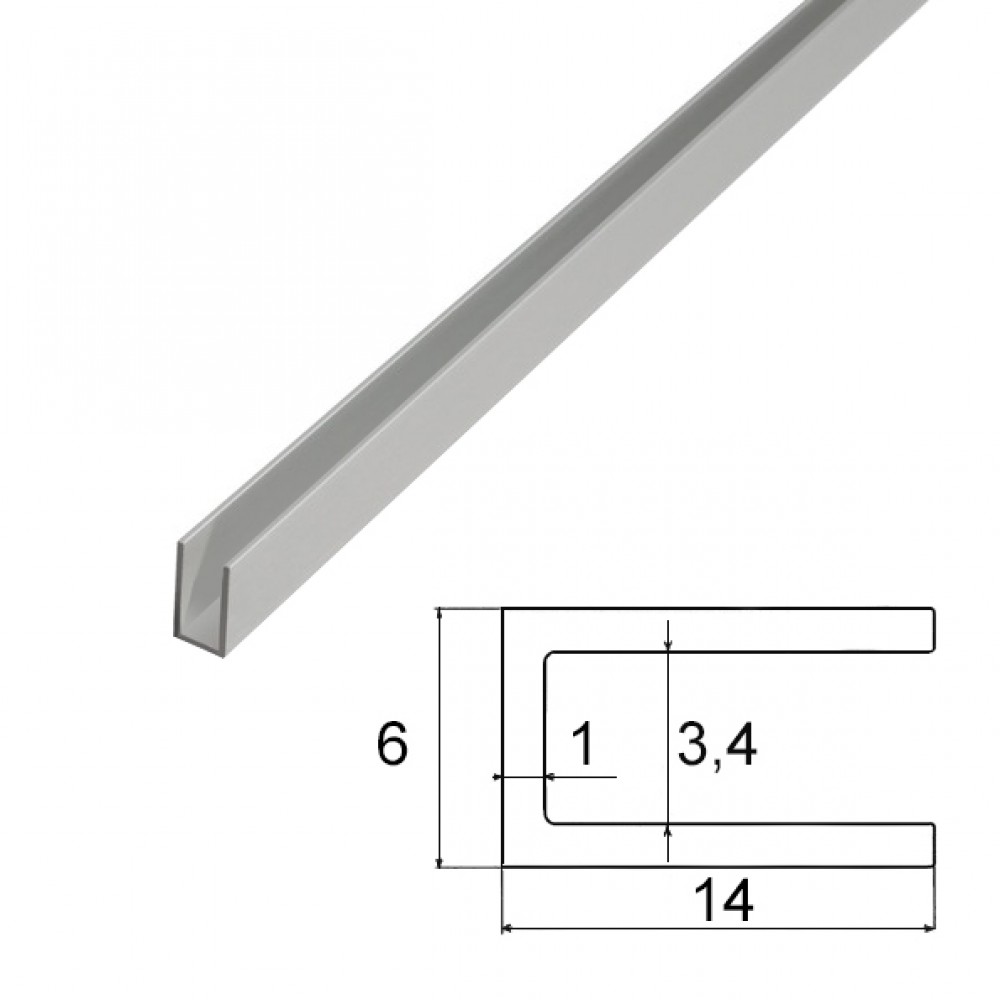 Hliníkový profil U, 14x5,6x1,2mm, 2 x 100cm, stříbrný, drážka 3,4mm