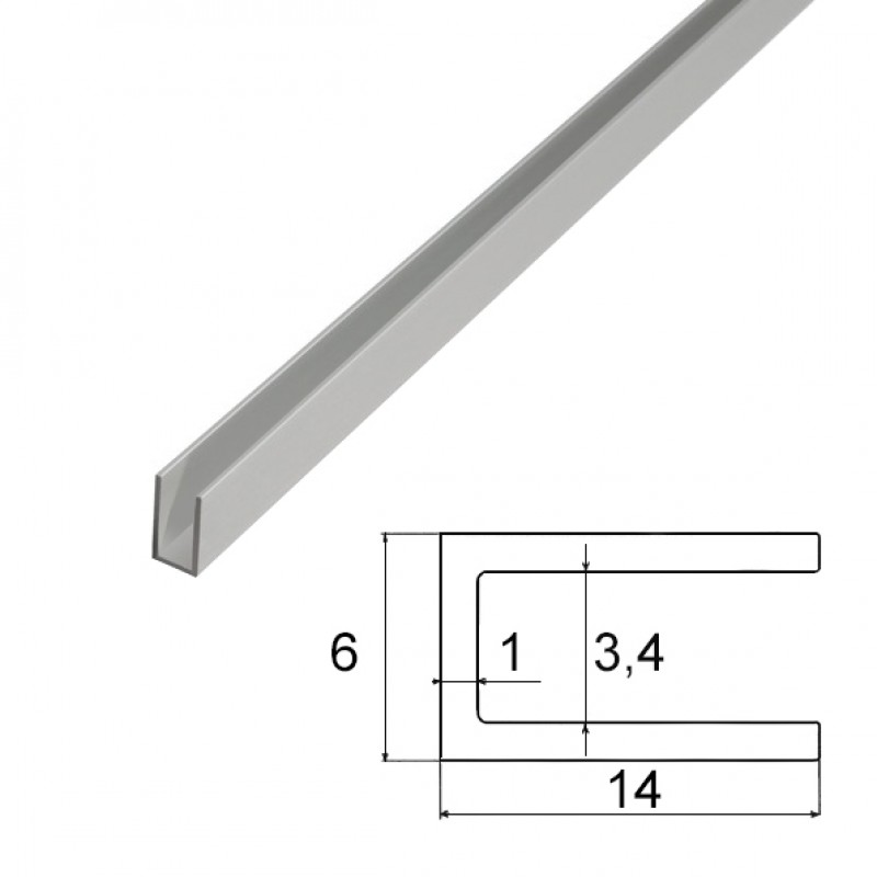 Hliníkový profil U, 14x5,6x1,2mm, 2 x 100cm, stříbrný, drážka 3,4mm