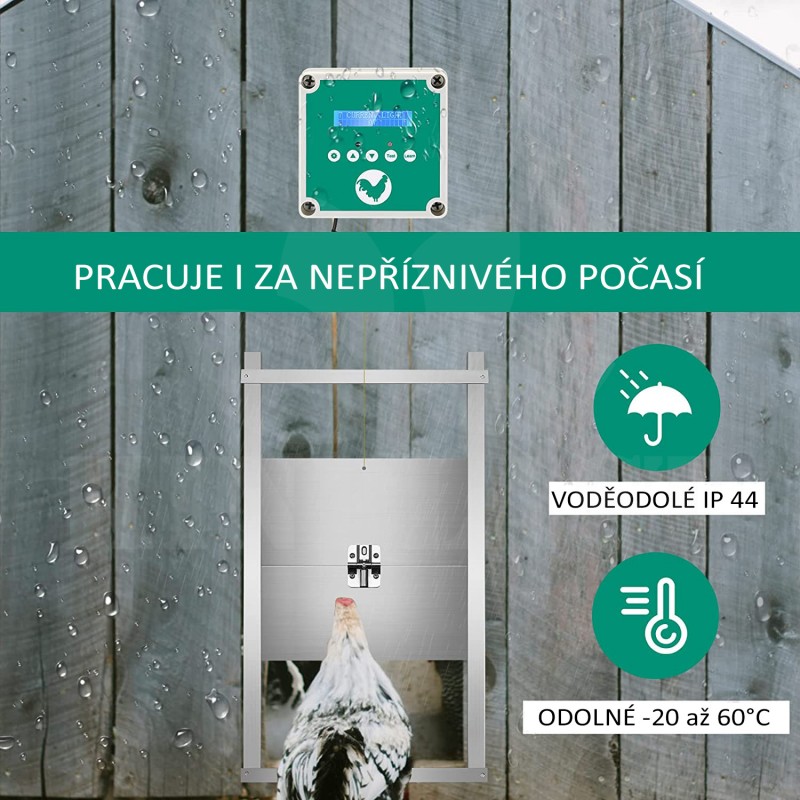 Automatická dvířka do kurníku, strojek, 2x dálkový ovladač, 4x kladka, 4x 1,5V baterie + 230V 