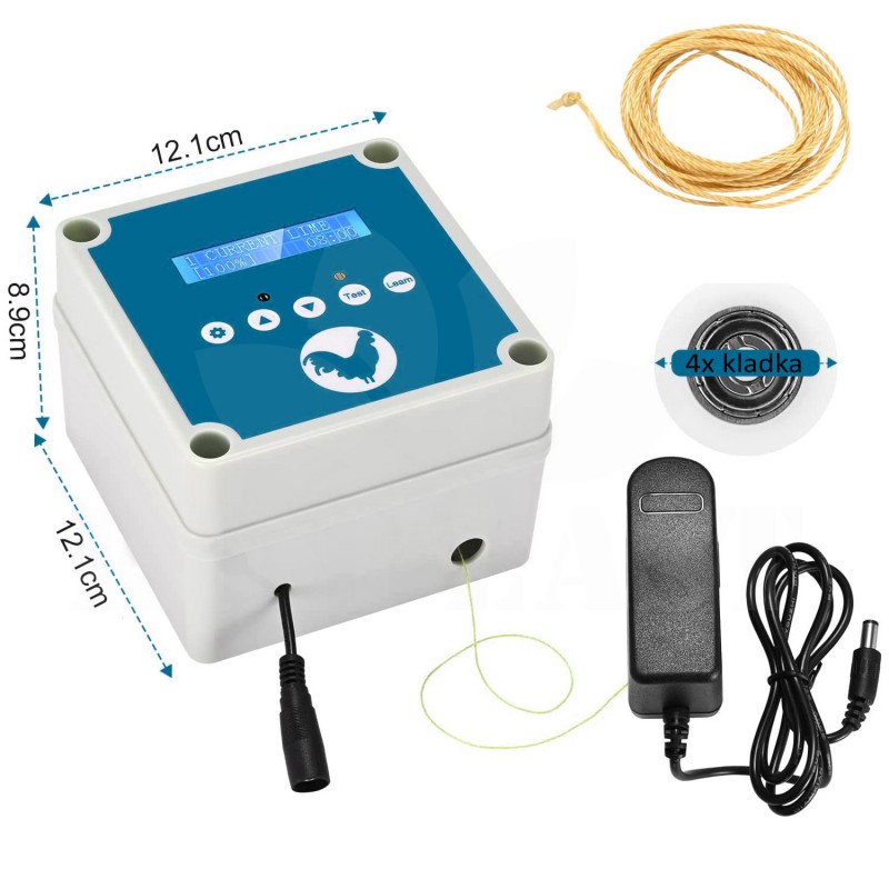 Automatická dvířka do kurníku, strojek, 2x dálkový ovladač, 4x kladka, 4x 1,5V baterie + 230V 