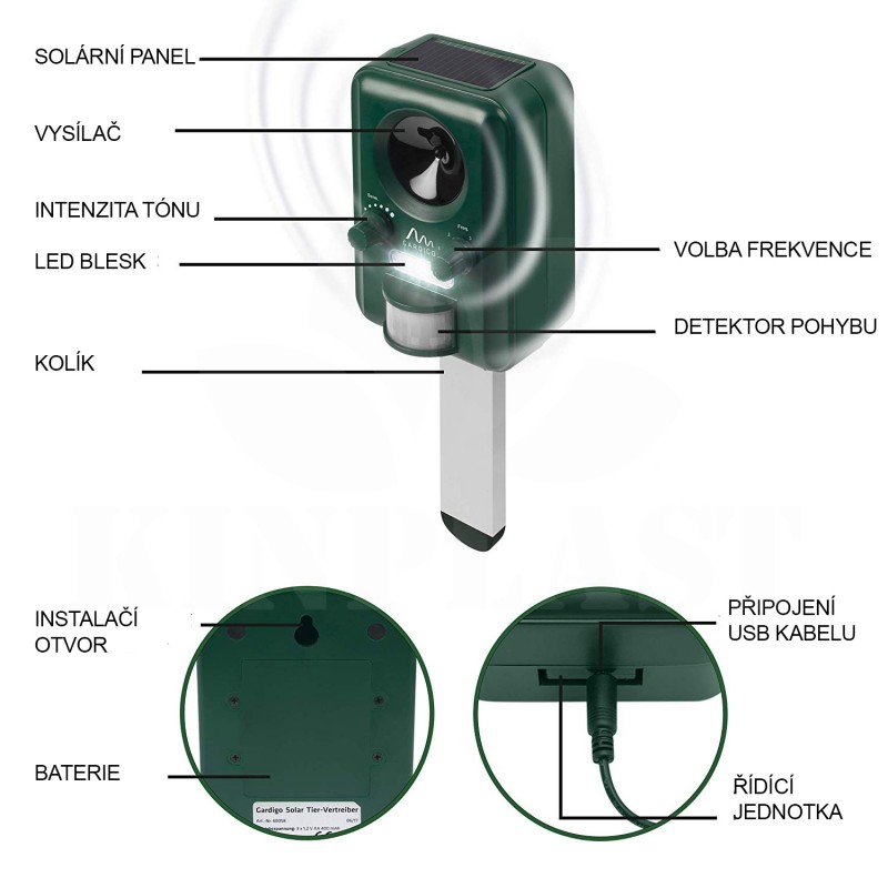 Solární odstrašení - odpuzovač kun a predátorů, ultrazvukový, dodatečný noční LED blesk