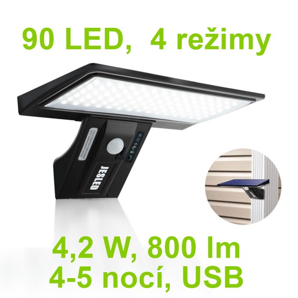 Zahradní solární světlo s detektorem pohybu, 90 LED, 4 režimy, USB, 800 lm, 2600 mAh