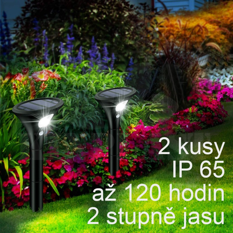 Zahradní solární lampa s detektorem pohybu, 2 kusy, 2 režimy, 2 W,1500 mAh