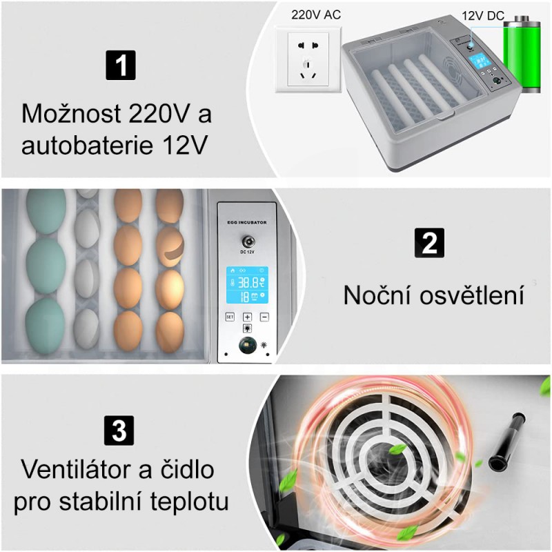 Líheň automatická digitální inkubátor 16 vajec 220V a 12V