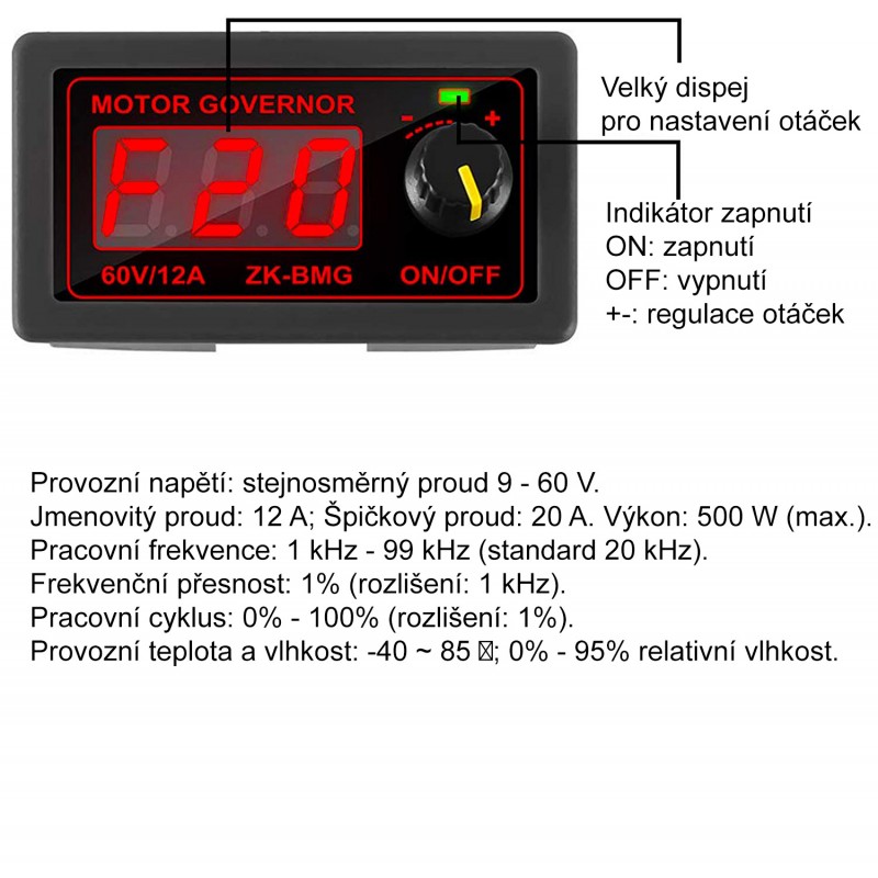 Digitální otáčkoměr ZK-BMG DC9-60V, 12A, 500W, plynulý regulátor otáček