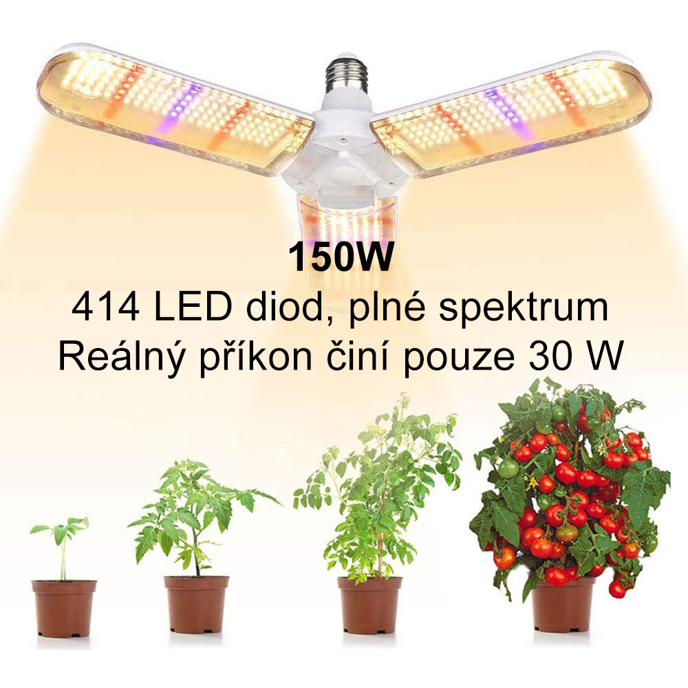 Grow LED žárovka 150 W Full, patice E27 pro růst rostlin 414 led diod