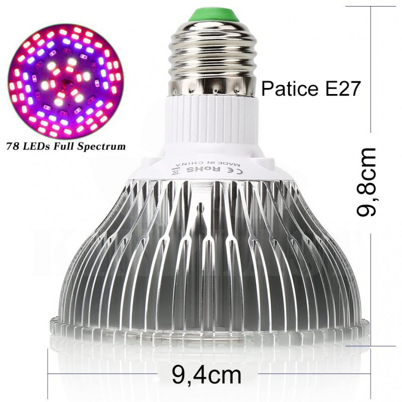 Grow LED žárovka 50 W Full, patice E27 pro růst rostlin 72 led diod