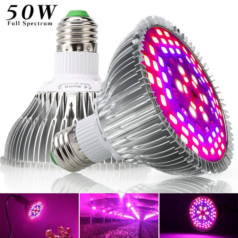 Grow LED žárovka 50 W Full, patice E27 pro růst rostlin 72 led diod