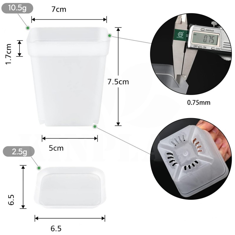 Květináče pro výsev a pěstování rostlin, 24 kusů, 7 cm, s podtácky, čtyřhranné, průhledné, opakovaně použitelné