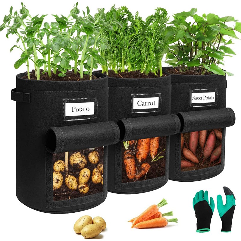 Pytel na rostliny, 3 x 38 litrů na brambory s pevnou rukojetí, taška pro růst rostlin s okénkem