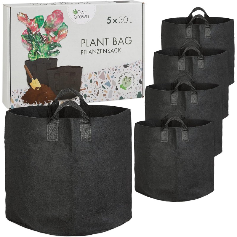 Pytel na rostliny, 5 x 30 litrů na rajčata s pevnou rukojetí, taška pro růst rostlin, opakovaně použitelná