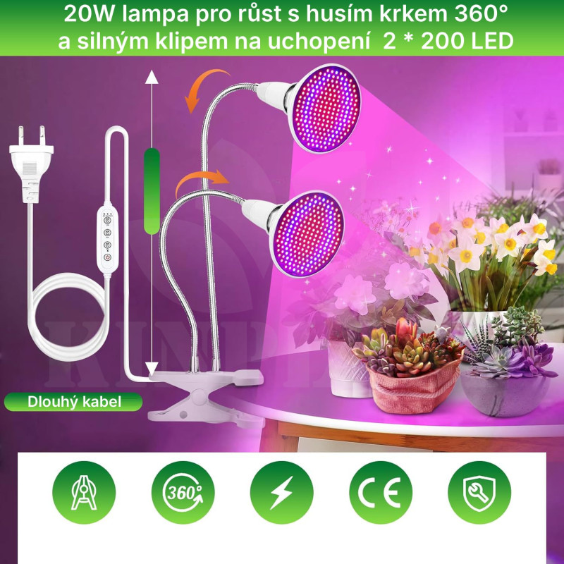 Growlight lampa BL-P20A na rostliny 2 ramena se žárovkami, 2 x 200 LED s klipsem, 3 režimy osvětlení rostlin